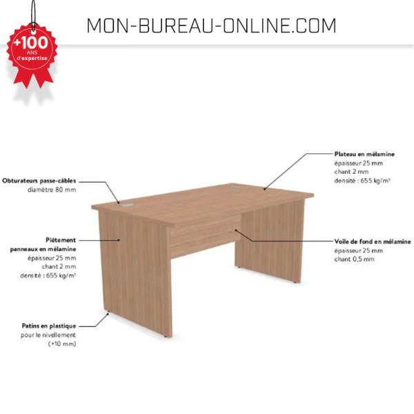 Bureau en bois melaminé Dim : 1600 x 800 x 750 mm épaisseur 25 mm